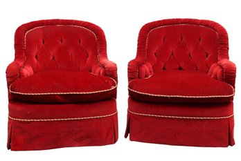 Custom Upholstered Tufted Back Red Club Chairs With Custom Piping