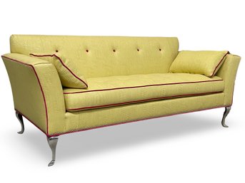 Chartreuse With Fushia Trim Custom Covered Sofa With Dedar Milan Fabric- Nailhead Trim With Chrome Legs