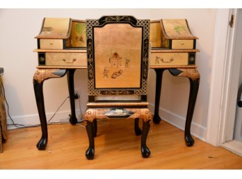 Gold Leaf Lacquer Desk W/ Gold Chinoiserie With Chair