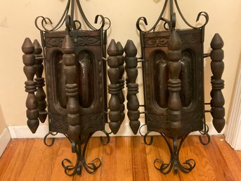 Pair Of Rustic Carved Wood Wall Lights With Wrought Iron