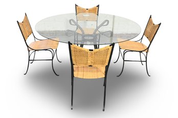 The Wicker Works - Indoor Petal Dining Table - Wrought Iron With Glass Top - 4 Matching Chairs