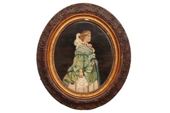 Woman Holding Bag Handmade Silk Embroidery 19th Century