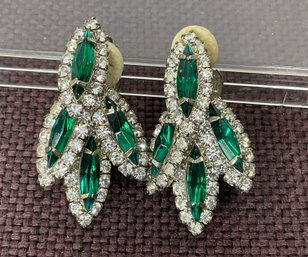 Stunning Pair Of Faux Emerald & Rhinestone Clip Earrings