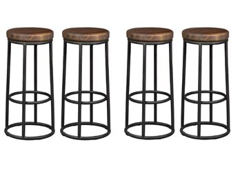 30 In. Brown And Black Backless Metal Frame Barstool With Pine Wood Seat- Set Of 4