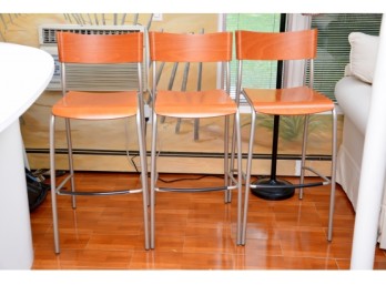 3 Wood And Chrome Bar Stools