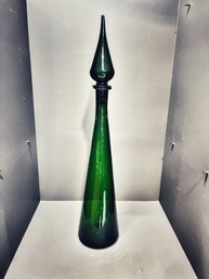 Vintage Mid Century Modern Emerald Green Glass Genie Decanter Bottle With Stopper 17'