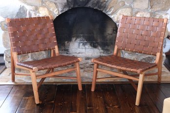 Crate & Barrel Pair Of Taj Leather Strap Chairs