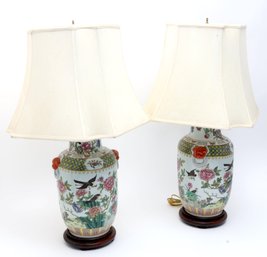 Chinese Porcelain Floral Motif Temple Jar Table Lamps