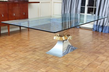 Custom Chrome & Brass Ribbon Dining Table With Glass Top