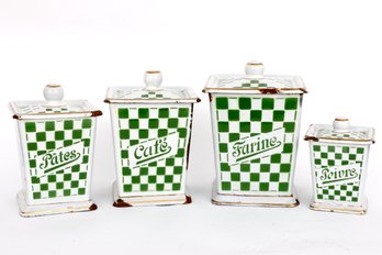 Metal And Enamel French Kitchen Canisters, Set Of 4