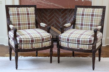 Pair Of Regency-Style Carved Dining Armchairs With Plaid Back, Seat And Armrests