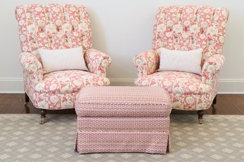 Pair Of Rose-Colored Upholstered Armchairs And Square Ottoman