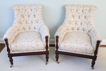 Pair Of High-Back Armchairs With Floral Pattern On Caster Wheels