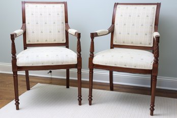 Pair Of Regency-Style Carved Dining Armchairs With Upholstered Back, Seat And Armrests