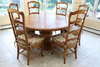 Guy Chaddock Style Marquetry Top French Country Pedestal Table With Six Rush-Seat Chairs