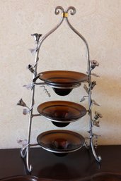 Three-Tier Rack With Amber Glass Bowls And Floral Metalwork