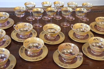 Set Of Tiffin-Franciscan Valencia Pink Optic Glass With Gold Trim Drinkware