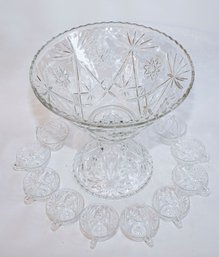 Vintage Glass Punch Bowl With Glasses And Base