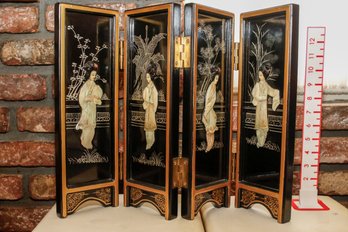 Oriental Black Lacquer With Other Of Pearl Folding Screen