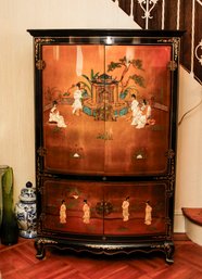 Chinese Black Lacquered With Raised Design TV Cabinet
