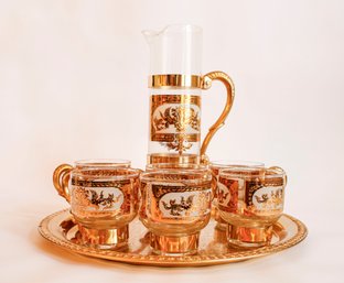 Vintage Painted Gold Cups And Pitcher On Serving Tray