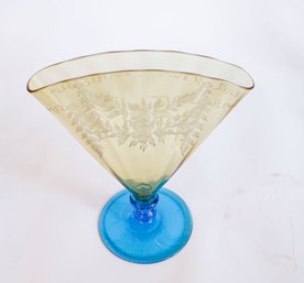 Vintage Glass Fan Style  Vase With Blue Base
