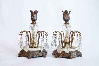 Pair Of Vintage Baroque Style Brass With Tear Drop CrystalsCandle Holders