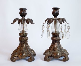 Pair Of Vintage Baroque Style Brass With Tear Drop Crystals Candle Holders 10 Inch