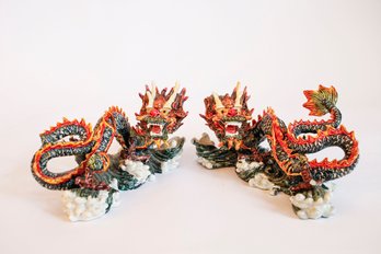 Pair Of Painted Resin Dragons