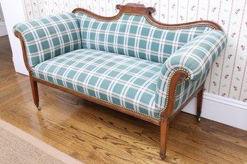 Antique Rolled Arm Custom Upholstered Green And White Settee