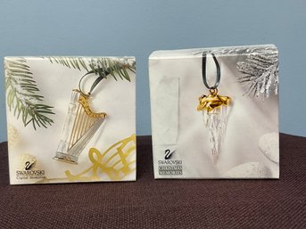 Swarovski Crystal & Gold Harp & Icicle Ornament New In Boxes