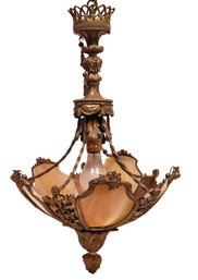 Antique French Neoclassical Amber Glass & Brass Pendant Chandelier