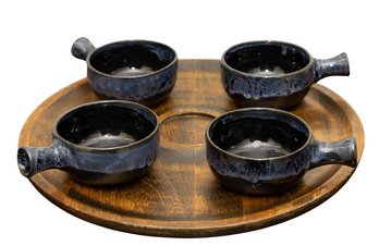 Four Clay Soup Bowls With Serving Tray
