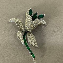Beautiful Flower Brooch With Faux Emeralds & Rhinestones