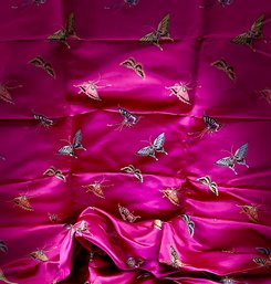 HONG KONG - Stunning Silk 100 Fabric With Multicolored, Embroidered Butterflies Against A Hot Pink Background