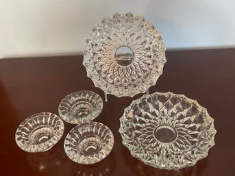 Pair Of Crystal Ashtrays & Three Candlestick Holders