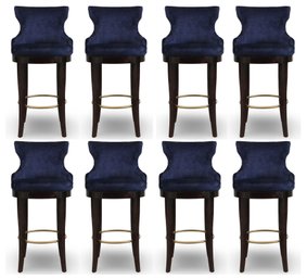 Century Furniture Custom Covered Midnight Blue Velvet Bar Stools - Set Of 8