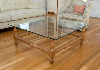 Boho Chic Turned Wood And Glass Top Coffee Table