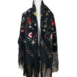 Large Fringed Black Scarf Wrap Shawl With Embroidered Flowers