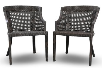 (2) SYNTHETIC BROWN WICKER ARMCHAIRS