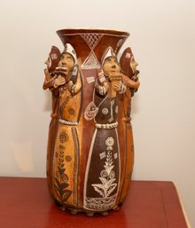 Peruvian Handmade Terracotta Vase W/ 3D Figures