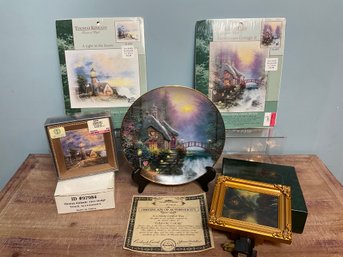 Collection Of Thomas Kinkade Plate, Cross Stitches, Nightlight, Coasters New In Boxes