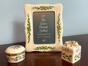 Lenox Holly Holiday Picture Frame & Two Trinket Boxes