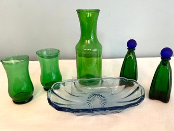 Emerald Green & Blue Vintage Glass Perfume Bottles & Glasses