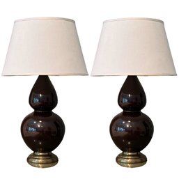 Pair Of Brown Ceramic Lamps On Brass Bases