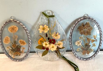 Three Pressed Flowers In Glass Including Joska