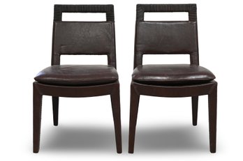 (2) BROWN LEATHER CHAIRS (VISIBLE WEAR ON SEAT AREAS AS SEEN IN PHOTOS)