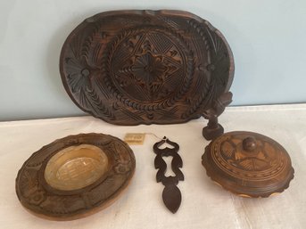 Carved Wood Ashtry, Platter, Bowl & Welsh Love Spoon