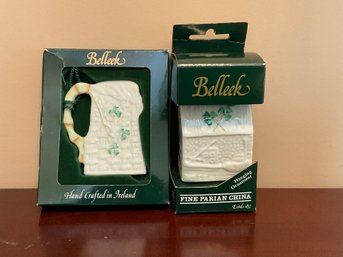 Belleek Beer Stein & Cottage Ornament New In Boxes
