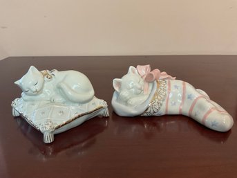 Pair Of Lenox Cats Christmas Dreams & Dreaming Away New In Boxes